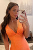 Load image into Gallery viewer, Mermaid Deep V Neck Orange Long Prom Dress with Beading