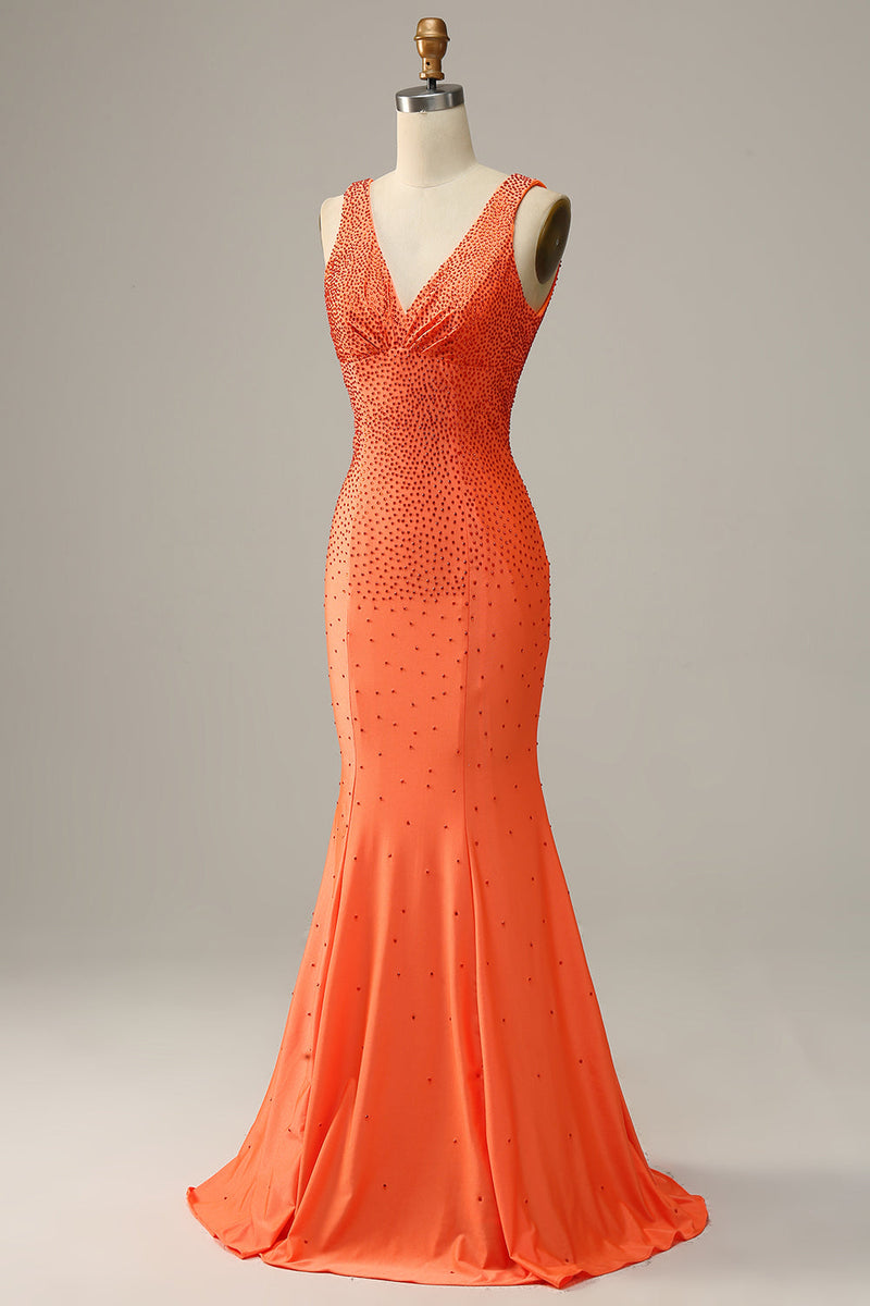 Load image into Gallery viewer, Mermaid V Neck Orange Long Prom Dress with Beading