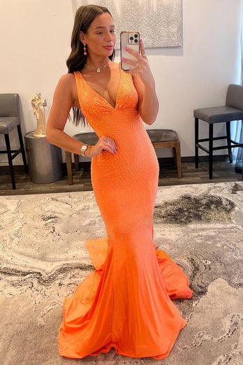 Mermaid Deep V Neck Orange Long Prom Dress with Beading