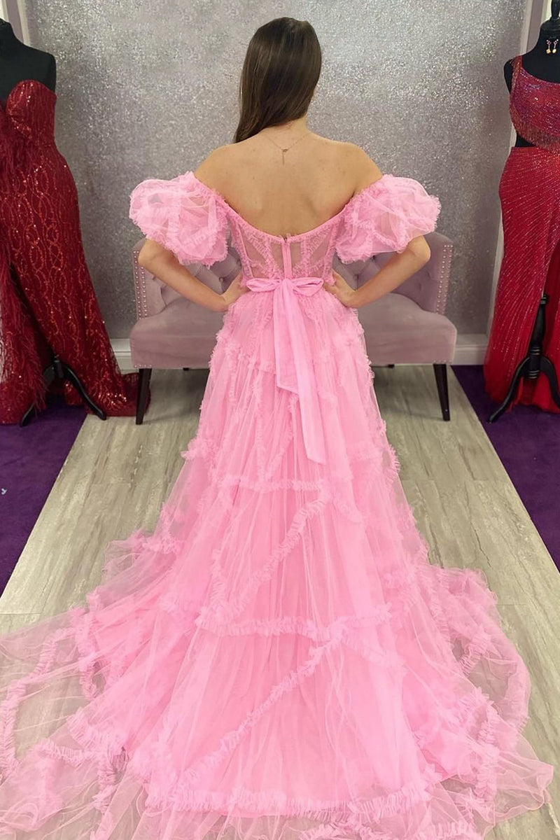 Load image into Gallery viewer, A Line Off the Shoulder Pink Tulle Corset Prom Dress with Bowknot