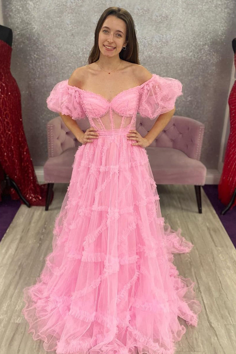 Load image into Gallery viewer, Fuchsia A Line Off the Shoulder Tulle Corset Prom Dress with Bowknot