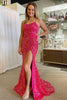 Load image into Gallery viewer, Hot Pink Spaghetti Straps Mermaid Sequined Prom Dress With Slit