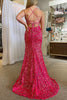 Load image into Gallery viewer, Hot Pink Spaghetti Straps Mermaid Sequined Prom Dress With Slit