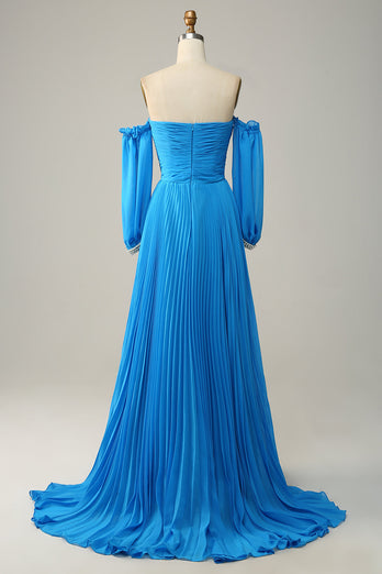 Blue Detachable Sleeves Cut-Out Long Prom Dress with Beading