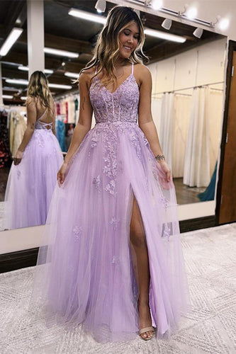 A Line Spaghetti Straps Lilac Long Prom Dress with Appliques