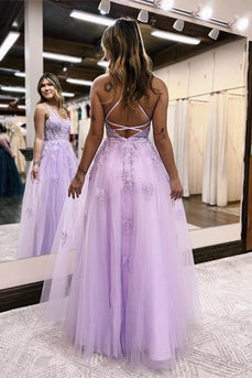 A Line Spaghetti Straps Lilac Long Prom Dress with Appliques