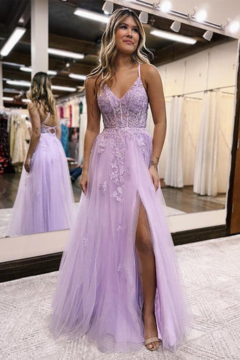 A Line Spaghetti Straps Lilac Long Prom Dress with Appliques