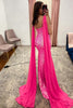 Load image into Gallery viewer, V-Neck Mermaid Sparkly Hot Pink Sequins Long Prom Dress with Slit