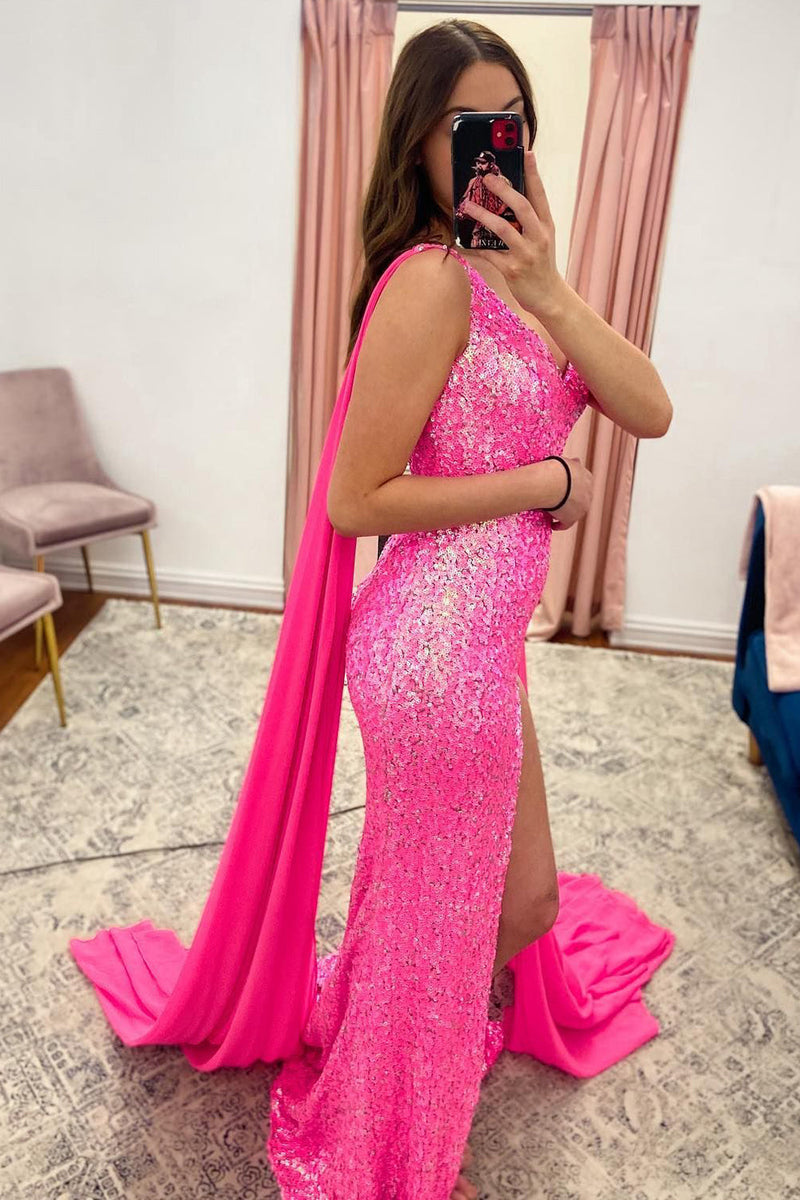 Load image into Gallery viewer, V-Neck Mermaid Sparkly Hot Pink Sequins Long Prom Dress with Slit