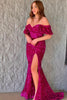 Load image into Gallery viewer, Burgundy Off Shoulder Sequins Mermaid Prom Dress with Slit