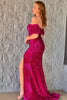 Load image into Gallery viewer, Burgundy Off Shoulder Sequins Mermaid Prom Dress with Slit