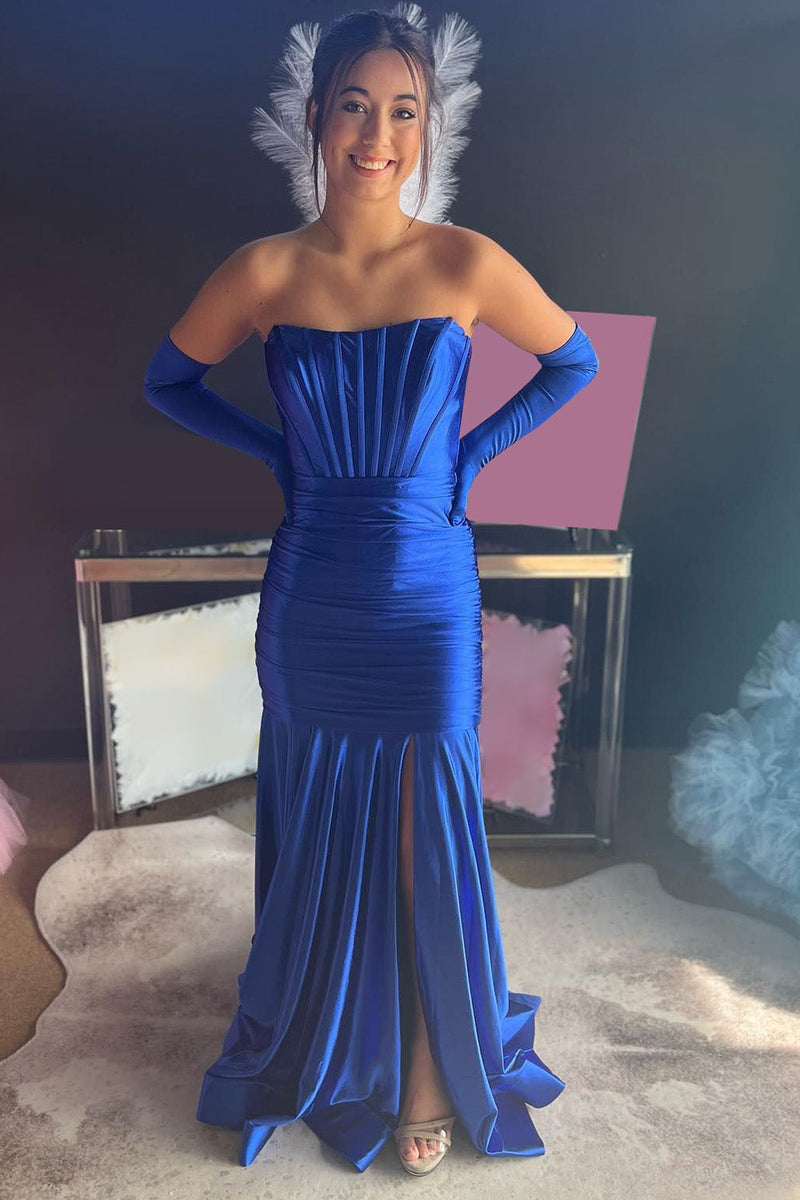 Load image into Gallery viewer, Royal Blue Corset Detachable Sleeves Mermaid Long Prom Dress with Slit(Gloves are not Included)