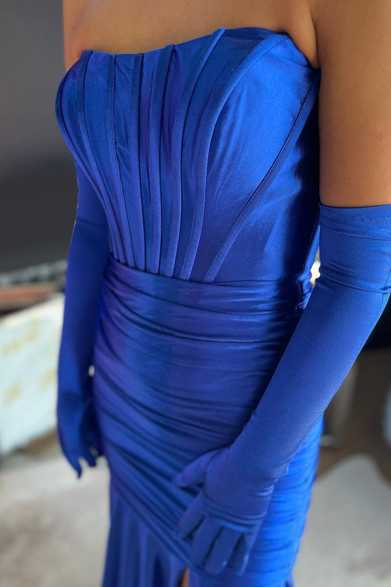 Load image into Gallery viewer, Royal Blue Corset Detachable Sleeves Mermaid Long Prom Dress with Slit(Gloves are not Included)