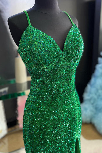 Sparkly Emerald Green Mermaid Long Sequins Prom Dress with Slit