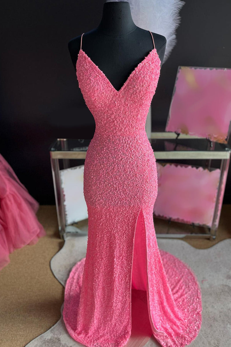 Load image into Gallery viewer, Sparkly Pink Mermaid Long Sequins Prom Dress with Slit