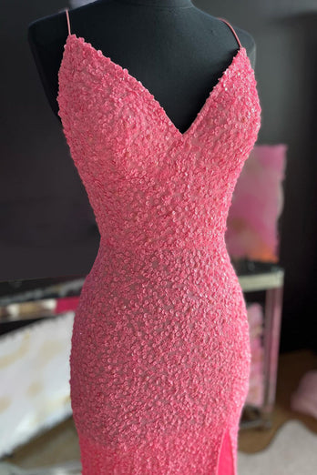 Sparkly Pink Mermaid Long Sequins Prom Dress with Slit