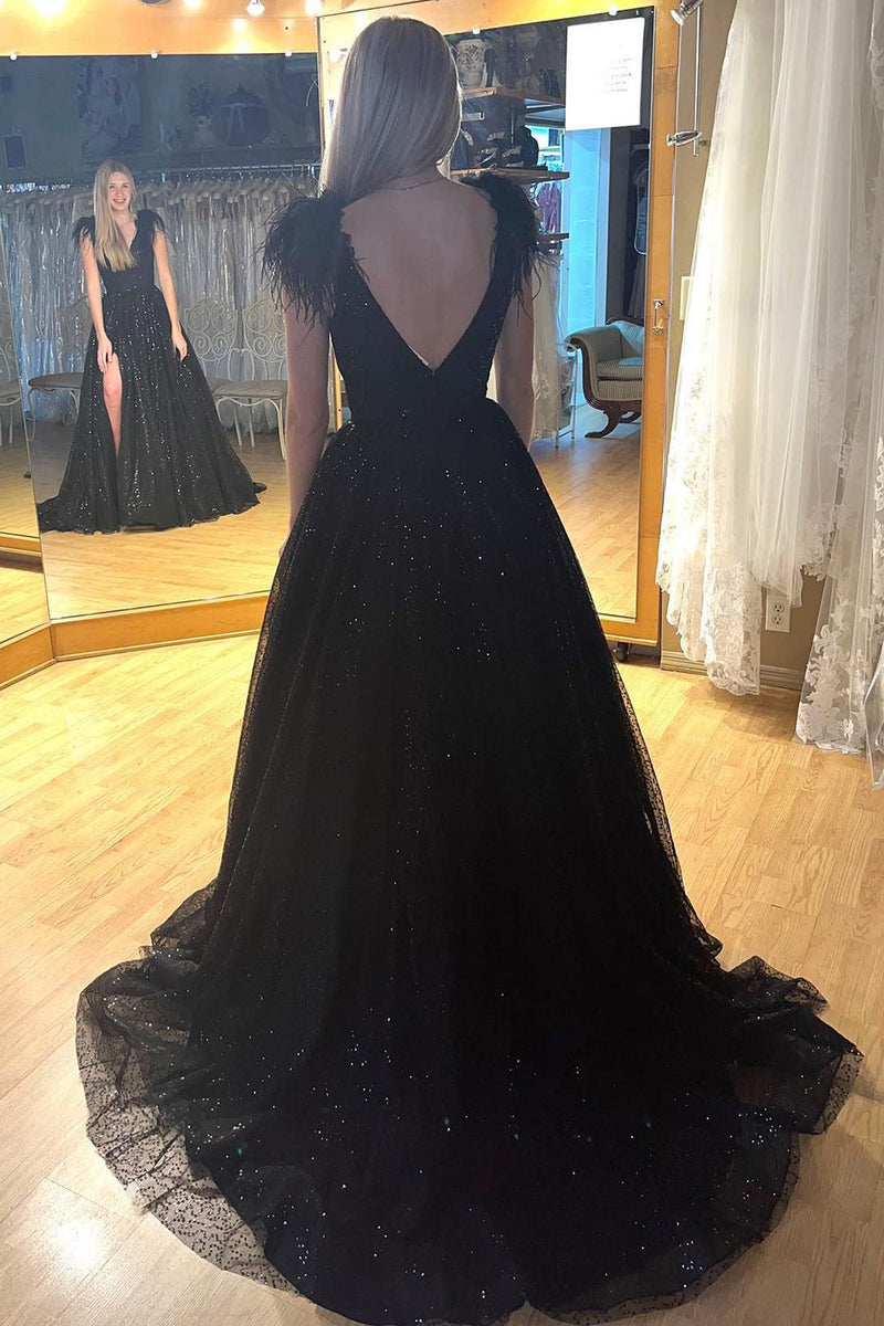 Load image into Gallery viewer, Sparkly A-Line Black Sequins Long Prom Dress with Slit