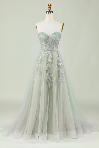 Sweetheart Beaded Light Green Long Prom Dress with Slit Front