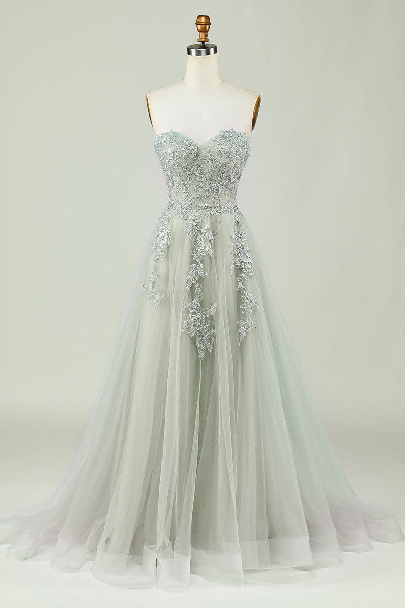 Load image into Gallery viewer, Sweetheart Beaded Light Green Long Prom Dress with Slit Front