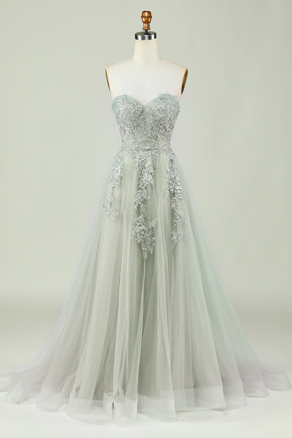 Sweetheart Beaded Light Green Long Prom Dress with Slit Front