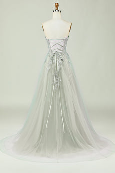 Sweetheart Beaded Light Green Long Prom Dress with Slit Front