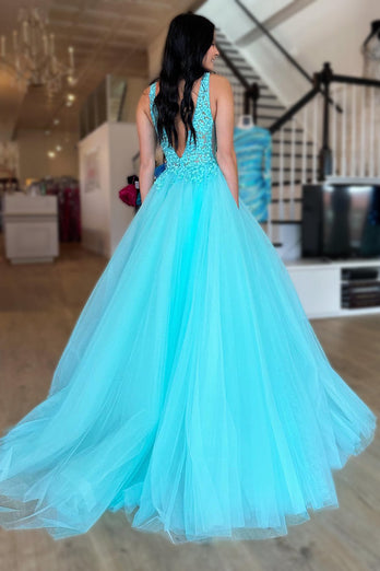 Tulle Deep V-Neck Sky Blue Long Prom Dress with Appliques