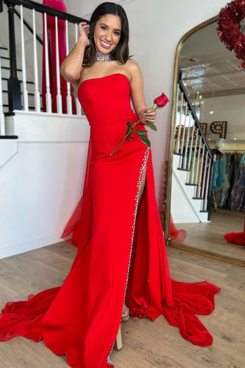 Mermaid Strapless Red Long Prom Dress with Slit