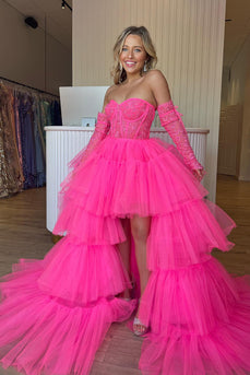 Hot Pink High Low Detachable Sleeves Corset Homecoming Dress with Lace