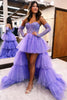 Load image into Gallery viewer, Hot Pink High Low Detachable Sleeves Corset Homecoming Dress with Lace