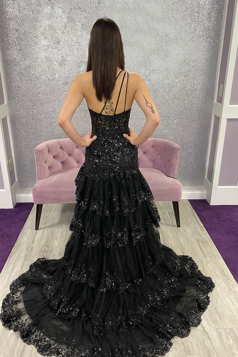 Load image into Gallery viewer, Sparkly Lilac One Shoulder Tiered Lace Long Prom Dress with Slit