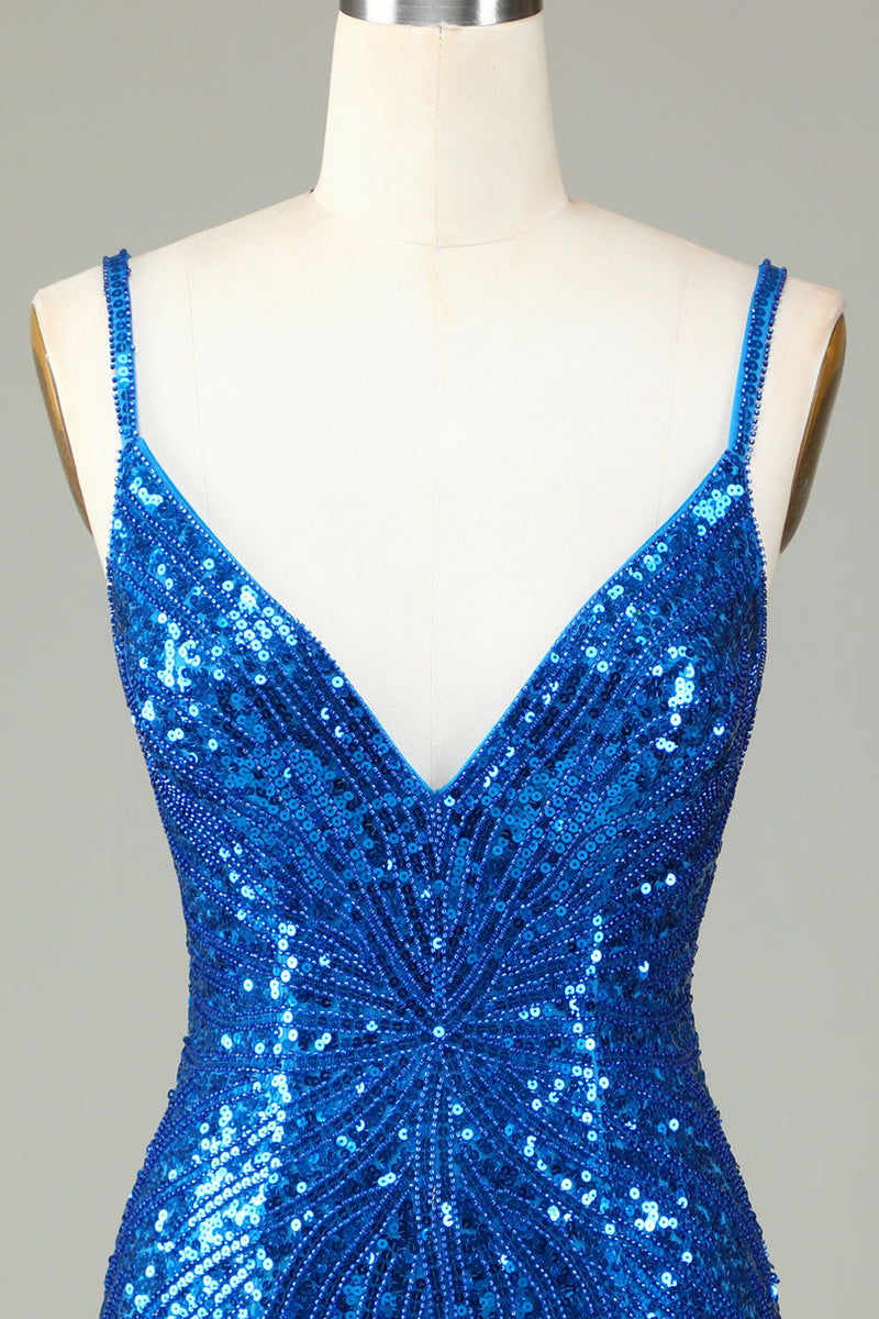 Load image into Gallery viewer, Sheath Spaghetti Straps Peacockt Blue Sequins 1920s Dress with Tassel