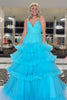 Load image into Gallery viewer, Blue A-Line Tiered Long Tulle Prom Dress with Ruffles