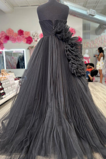 Black Sweetheart A-Line Long Tulle Prom Dress with Ruffles