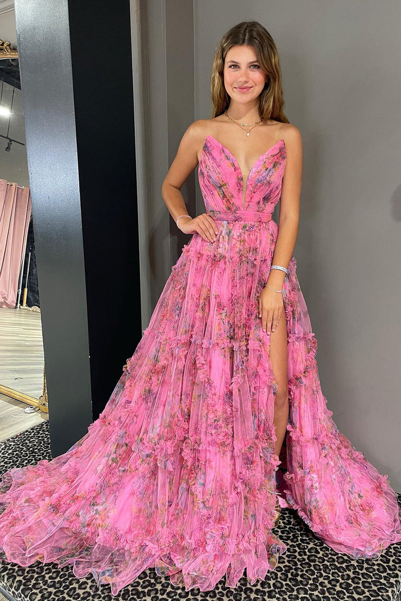 Load image into Gallery viewer, Pink Sweetheart A-Line Floral Long Tulle Prom Dress with Slit