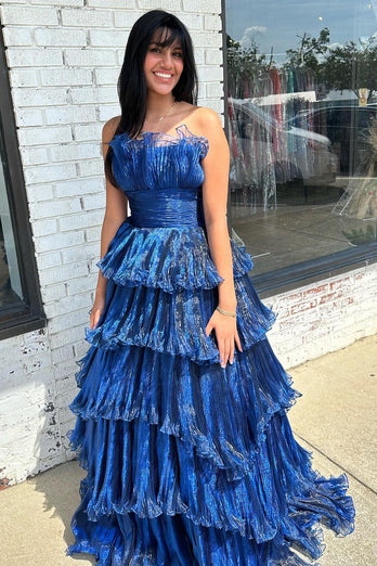Navy A-Line Tiered Strapless Organza Long Prom Dress
