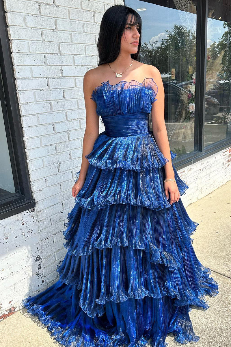 Load image into Gallery viewer, Navy A-Line Tiered Strapless Organza Long Prom Dress