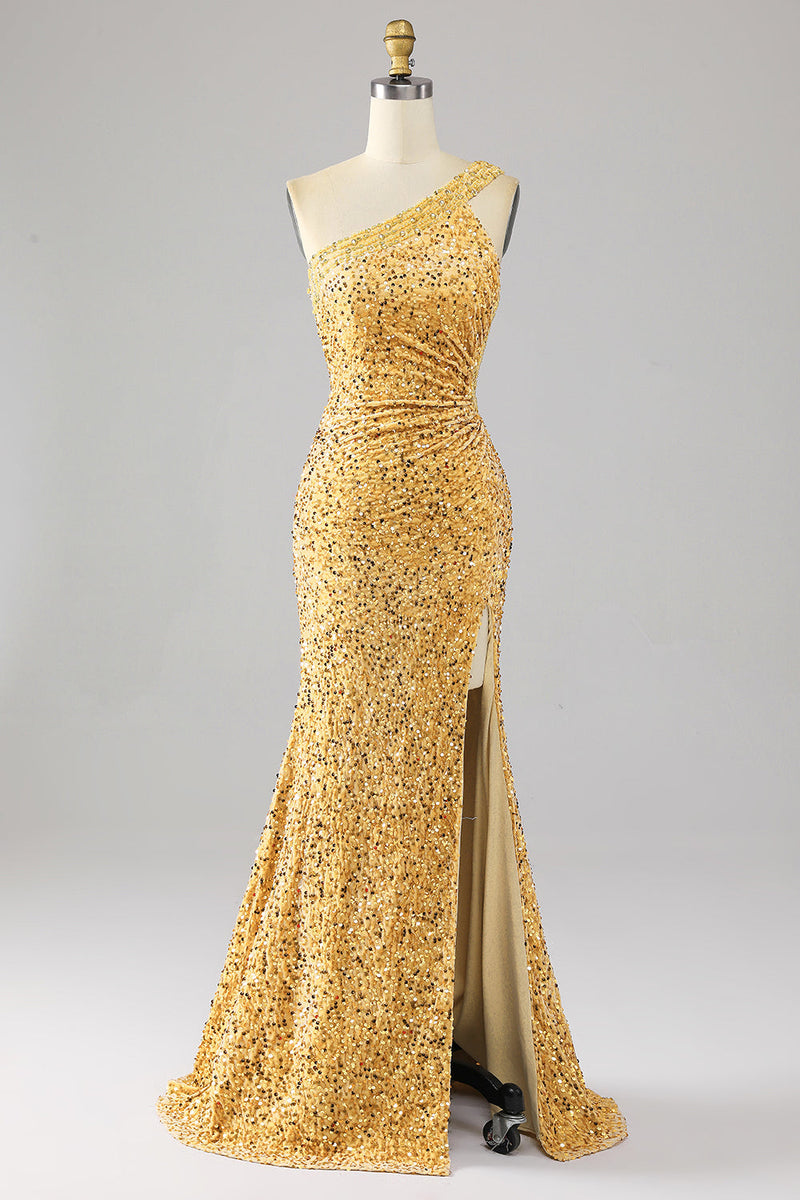 Load image into Gallery viewer, Mermaid Sequins One Shoulder Golden Prom Dress with Slit