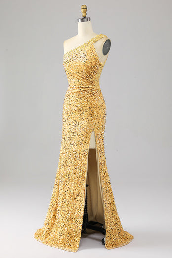 Mermaid Sequins One Shoulder Golden Prom Dress with Slit