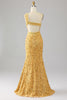 Load image into Gallery viewer, Mermaid Sequins One Shoulder Golden Prom Dress with Slit