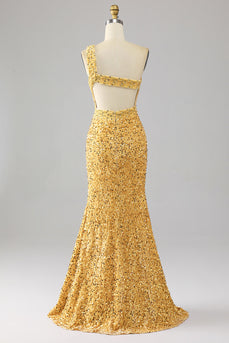 Mermaid Sequins One Shoulder Golden Prom Dress with Slit