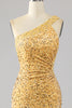 Load image into Gallery viewer, Mermaid Sequins One Shoulder Golden Prom Dress with Slit