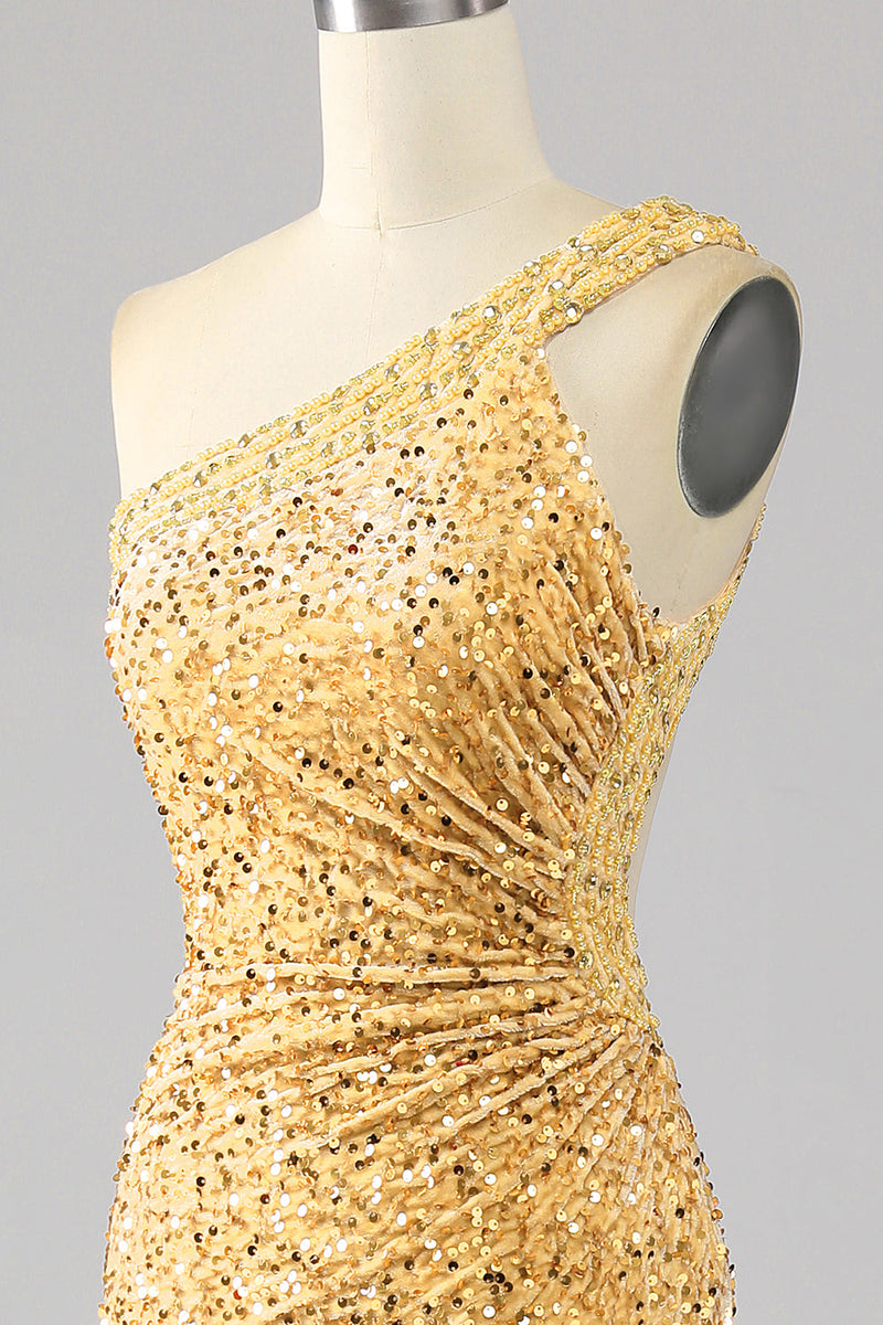 Load image into Gallery viewer, Mermaid Sequins One Shoulder Golden Prom Dress with Slit