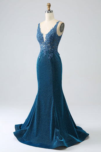 Glitter Dark Blue Mermaid Prom Dress with Beading