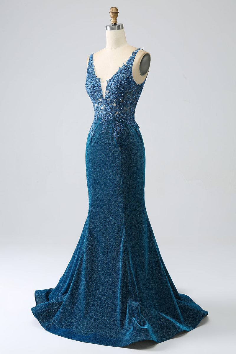 Load image into Gallery viewer, Glitter Dark Blue Mermaid Prom Dress with Beading