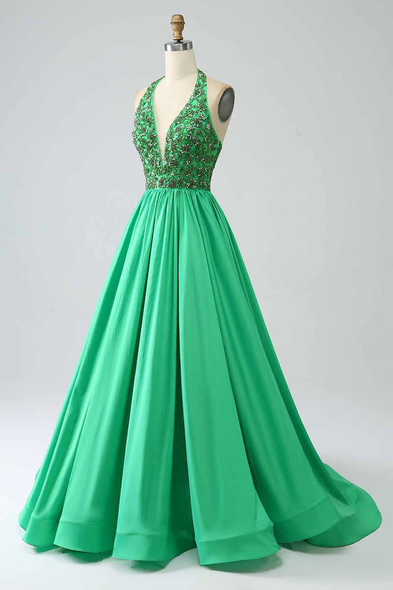 Load image into Gallery viewer, Satin Green Halter Prom Dress with Beading