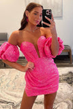 Fuchsia Sparkly Sequins Sweetheart Bodycon Homecoming Dress With Detachable Sleeves