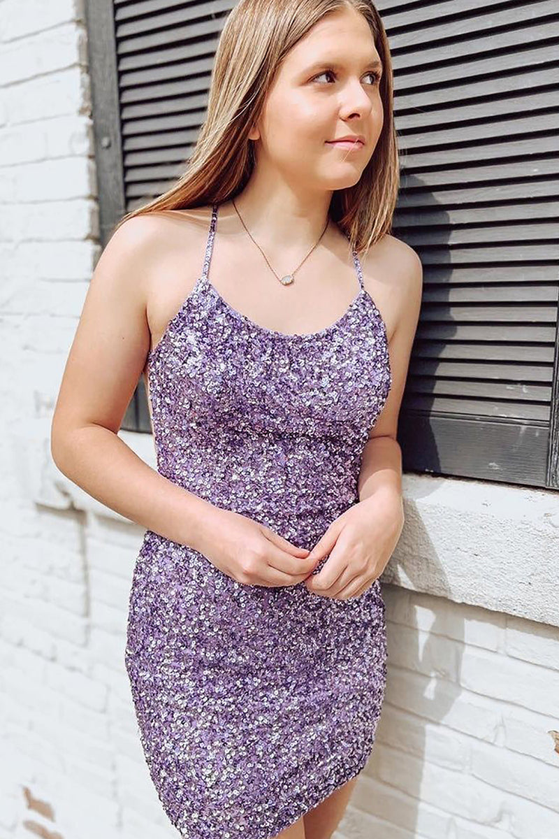 Load image into Gallery viewer, Purple Sparkly Sequins Bodycon Homecoming Dress With Criss Cross Back