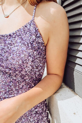 Purple Sparkly Sequins Bodycon Homecoming Dress With Criss Cross Back