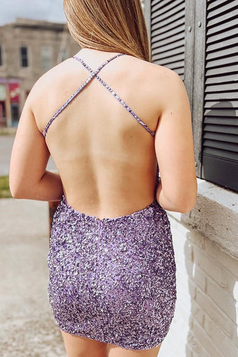 Purple Sparkly Sequins Bodycon Homecoming Dress With Criss Cross Back