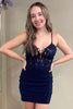 Load image into Gallery viewer, Navy Spaghetti Straps Velvet Bodycon Homecoming Dress With Appliques